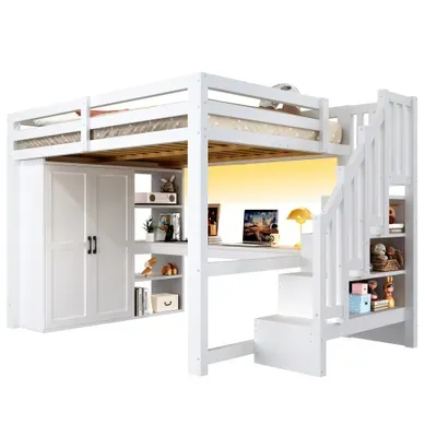 Lit Mezzanine 140 × 200 Cm Avec Bureau, Armoire, Escalier De Rangement, USB Et LED, Bois Blanc