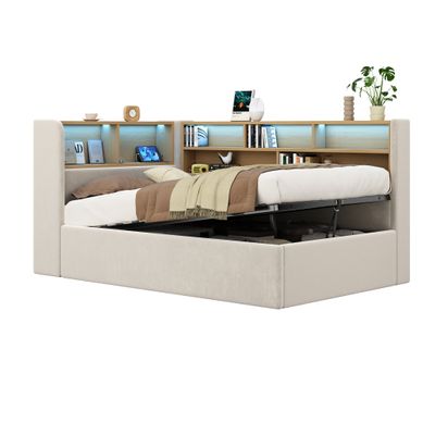 Lit Banquette 90 × 200 Cm Avec Coffre, LED, USB Et Port Type-c, Velours Beige Lit Banquette 90 × 200 Cm Avec Coffre, LED, USB Et Port Type-c, Velours Beige