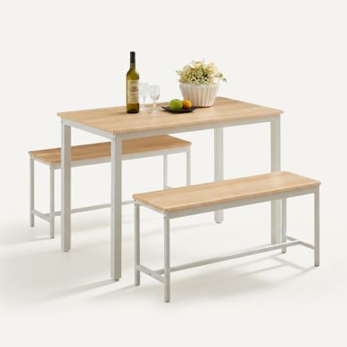Ensemble Table Et Chaises Avec Table Et 2 Bancs En Acier Et Panneaux De Particules Naturel Et Blanc Ensemble Table Et Chaises Avec Table Et 2 Bancs En Acier Et Panneaux De Particules Naturel Et Blanc