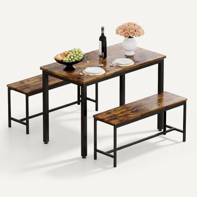Ensemble Table Et Chaises 4 Places Avec 1 Table Et 2 Bancs En Panneau Et Acier Brun Et Noir Ensemble Table Et Chaises 4 Places Avec 1 Table Et 2 Bancs En Panneau Et Acier Brun Et Noir