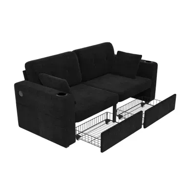 Canapé Droit 2 Places En Chenille Avec Rangement, USB Et Porte-gobelets - Noir Canapé Droit 2 Places En Chenille Avec Rangement, USB Et Porte-gobelets - Noir