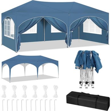 Kiosque De Jardin Pliable Avec 6 Parois Amovibles, Réglable Et Déperlant, Bleu 3 X 6 M