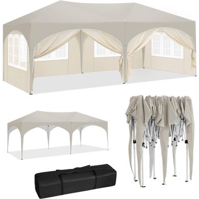 Kiosque De Jardin Pliable Réglable Avec 6 Parois Amovibles, Protection Uv Et Housse, Beige 3 X 6 M