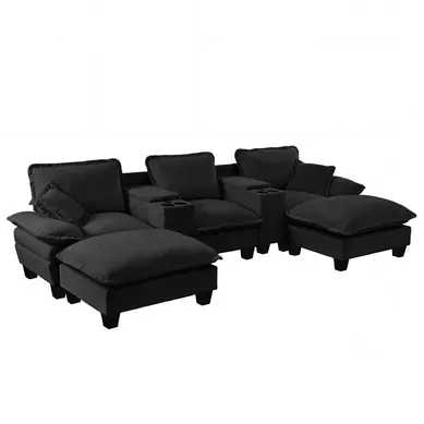 Canapé Modulable En U Avec USB, Rangement Et Porte-gobelets - Chenille - Noir