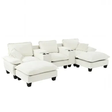 Canapé Panoramique En U Modulable Avec USB, Rangement Et Porte-gobelets - Chenille - Beige