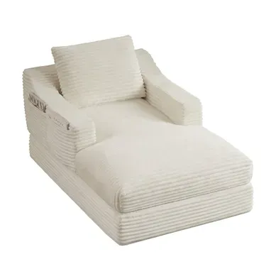 Méridienne En Velours Côtelé Avec Coussin Et Conception À Double Couche, Blanc