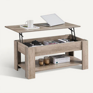 Table Basse Relevable Table De Salon Rectangulaire Avec Etagère Rangement Gris