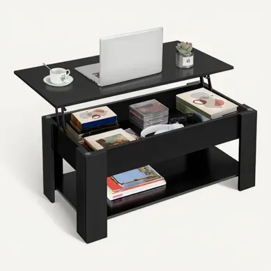Table Basse Relevable Table De Salon Rectangulaire Avec Etagère Rangement Noir