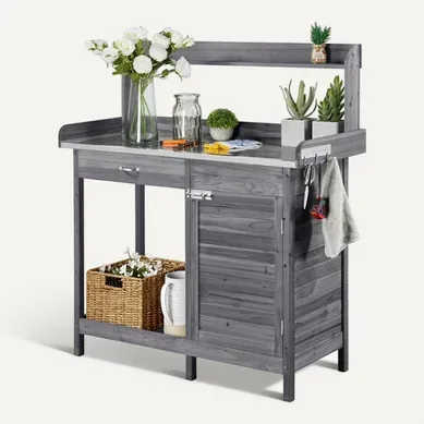 Table De Rempotage Extérieure En Bois Avec Tiroir Plan De Travail En Métal Gris Table De Rempotage Extérieure En Bois Avec Tiroir Plan De Travail En Métal Gris