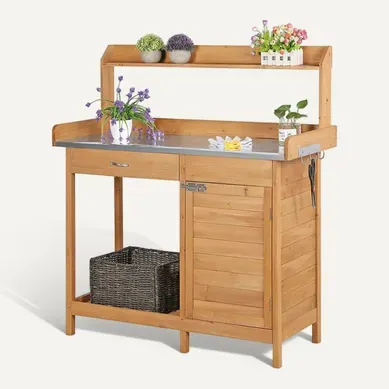 Table De Rempotage Extérieure En Bois Avec Tiroir Plan De Travail En Métal Couleur Du Bois Table De Rempotage Extérieure En Bois Avec Tiroir Plan De Travail En Métal Couleur Du Bois