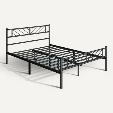 Cadre De Lit Double 140×200 Cm En Métal Avec Tête De Lit Design V Et Lattes De Support, Noir