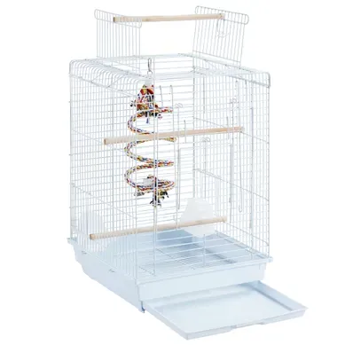 Cage à Oiseaux En Métal Avec Jouet, 3 Perchoirs, 2 Mangeoirs Et 1 Toit Ouvert, Blanc Cage à Oiseaux En Métal Avec Jouet, 3 Perchoirs, 2 Mangeoirs Et 1 Toit Ouvert, Blanc