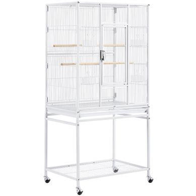 Grande Cage à Oiseaux Sur Pied En Métal Avec Loquet Robuste Et Étagère De Rangement, Blanc Grande Cage à Oiseaux Sur Pied En Métal Avec Loquet Robuste Et Étagère De Rangement, Blanc