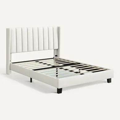 Lit Double Rembourré/capitonné Avec Sommier En Bois/métal, Cadre De Lits Adultes 140 × 200 Cm Beige