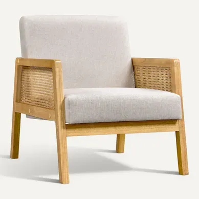 Fauteuil De Salon Design Rotin En Bois Massif Et En Tissu Avec Coussins Rembourrés, Beige Fauteuil De Salon Design Rotin En Bois Massif Et En Tissu Avec Coussins Rembourrés, Beige