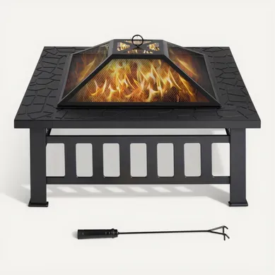 Brasero Extérieur Carré Poêle à Bois De Jardin En Métal Avec Couverture Et Poker, Noir Brasero Extérieur Carré Poêle à Bois De Jardin En Métal Avec Couverture Et Poker, Noir