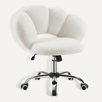 Chaise De Bureau En Tissu Bouclette Avec Dossier Rebondi Et Assise Réglable En Hauteur, Blanc