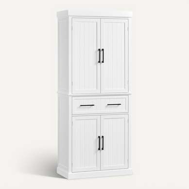 Armoire De Rangement En Bois Avec 6 Étagères Et 2 Tiroirs Meuble Haute De Rangement, Blanc Armoire De Rangement En Bois Avec 6 Étagères Et 2 Tiroirs Meuble Haute De Rangement, Blanc