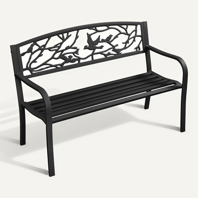 Banc De Jardin Avec Dossier à Motif D'oiseau Et Siège à Lattes Pour 2 Ou 3 Personnes, Noir
