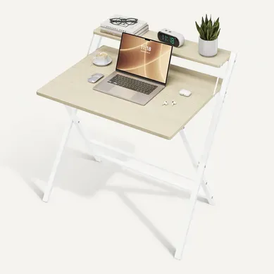 Bureau Informatique Pliable Table D'ordinateur Avec Petit Étagère Surélevée, Bois Clair Bureau Informatique Pliable Table D'ordinateur Avec Petit Étagère Surélevée, Bois Clair
