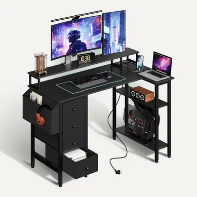 Bureau PC Gaming Angle Table En L Réversible Avec Support D'écran 4 Tiroirs 120*68 Cm, Noir Bureau PC Gaming Angle Table En L Réversible Avec Support D'écran 4 Tiroirs 120*68 Cm, Noir