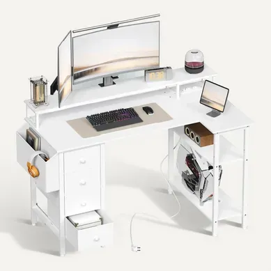 Bureau PC Gaming Angle Table En L Réversible Avec Support D'écran 4 Tiroirs 120*68 Cm , Blanc Bureau PC Gaming Angle Table En L Réversible Avec Support D'écran 4 Tiroirs 120*68 Cm , Blanc