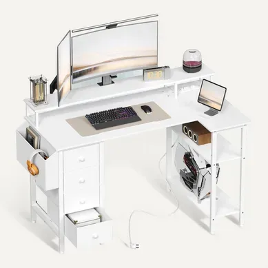 Bureau PC Gaming Angle Table En L Avec Support D'écran 4 Tiroirs 2 Étagère, 140*68 Cm L Blanc Bureau PC Gaming Angle Table En L Avec Support D'écran 4 Tiroirs 2 Étagère, 140*68 Cm L Blanc