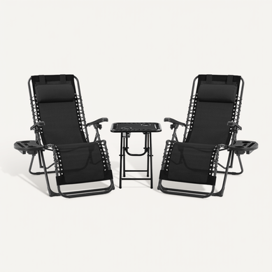 Ensemble 3 Pièces Chaises Longues Et Table D'appoint Avec Porte-gobelet Noir