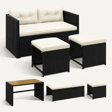 Salon De Jardin En Polyrotin Avec Table En Acacia Banquette Convertible Noir Salon De Jardin En Polyrotin Avec Table En Acacia Banquette Convertible Noir