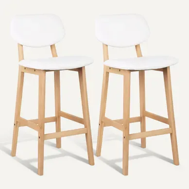 Lot De 2 Tabouret De Bar - Tabouret De Cuisine En Cuir Artificiel + Bois - Chaise Avec Dossier-Blanc