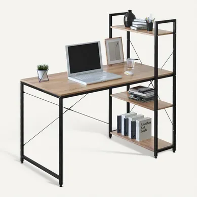 Table De Bureau Avec Étagère De Rangement. Bureau D'ordinateur Stable+Robuste. Noir+Chêne Clair