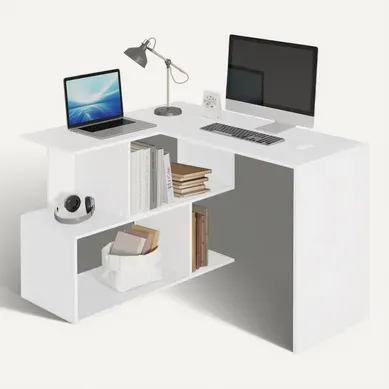 Table De Bureau En Aggloméré. Table D'ordinateur En L Avec Étagères. 120x100x77cm. Blanc