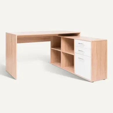 Bureau d'angle réversible HOALA Imitation chêne et blanc Bureau d'angle réversible HOALA Imitation chêne et blanc vue 3/4