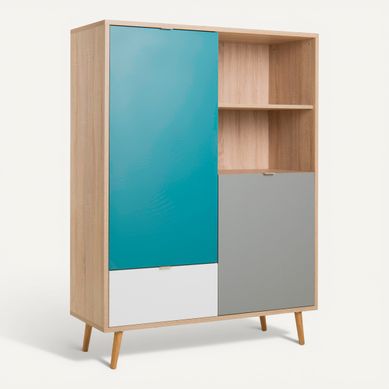 Buffet haut scandinave H. 140cm ARUBA Chêne, bleu, gris et blanc Buffet haut scandinave H. 140cm ARUBA Chêne, bleu, gris et blanc vue 3/4