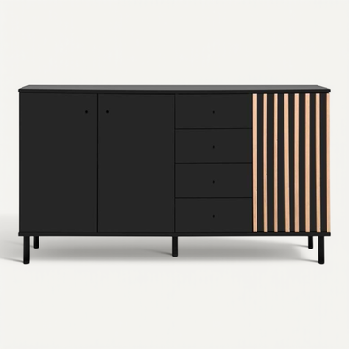 Buffet - Monza - Décor Noir / Chene Artisan - 3 Portes - 4 Tiroirs - 160 X 90 X 40 Cm
