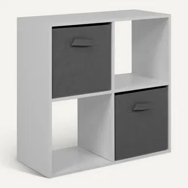 Rangement 4 cubes blanc CUBIK avec 2 paniers tissu gris Rangement 4 cubes blanc CUBIK avec 2 paniers tissu gris vue 3/4