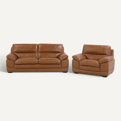 Ensemble Canapé Et Fauteuil En Cuir Marron Doré 4 Places Horten