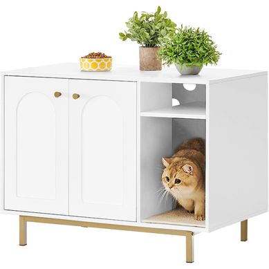 Meuble Toilette Chat Blanc, 80x50x61 Cm, Porte + Cloison Amovible, Solide, Peut Servir D'assise