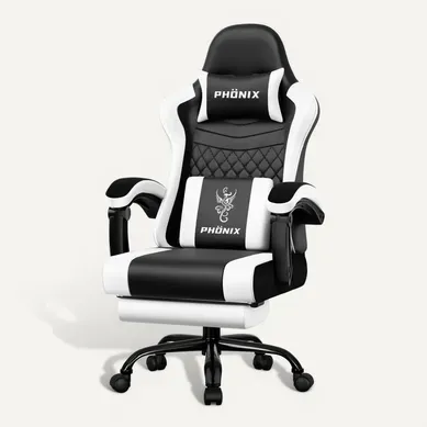 Chaise Gaming, Fauteuil Gaming Inclinable 90-165°, Repose-pieds Extensible, Noir/blanc