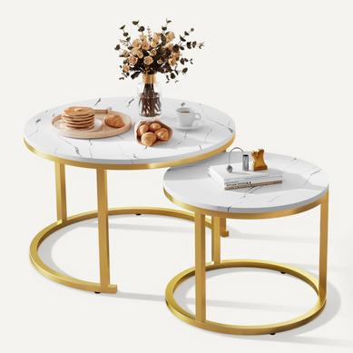 Table Basse, Lot De 2 Tables Basses Rondes Gigognes, 3 Modes De Disposition, Pieds En Métal, Blanc