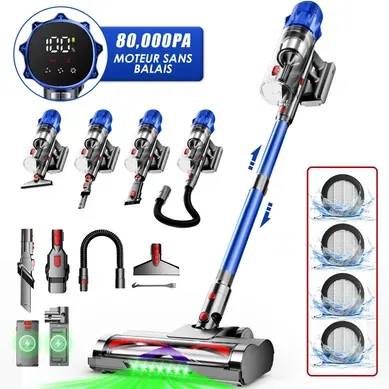 Aspirateur Balai Sans Fil 80kpa 80 Min D’autonomie, 2L,Écran LED, 3 Modes Réglables, Lumière Verte