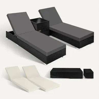 Lot 2 Chaises Longues Rotin Aluminium Noir Dossier Réglable 5 Positions Table Rangement 184x60cm