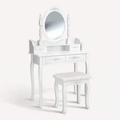 Coiffeuse Avec Miroir 4 Tiroirs Et Tabouret Inclus
