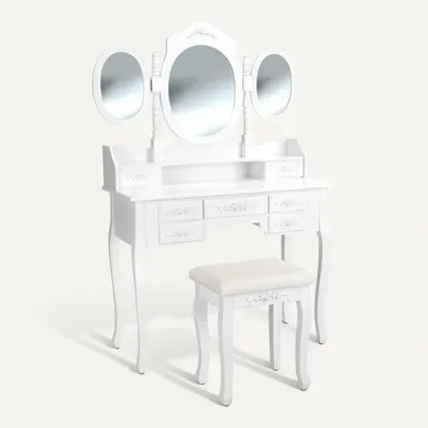 Coiffeuse Avec 3 Miroirs 7 Tiroirs - Tabouret Inclus