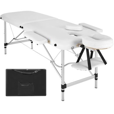 Table De Massage Portable Pliante 2 Zones En Aluminium, Cuir Synthétique Blanc