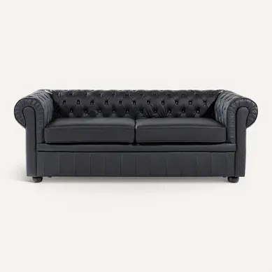Canapé 3 Places En Cuir Noir Chesterfield