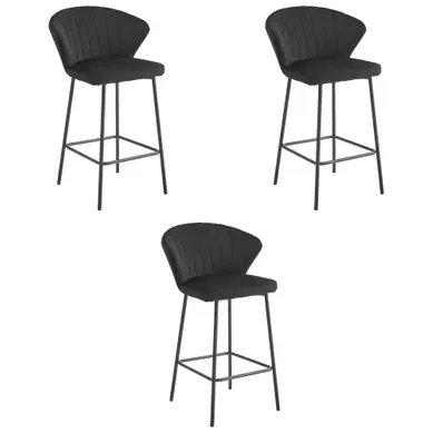Tabouret De Bar Lot De 3 Gatta Siège Noir, Base Noire, Assise En Velours, Pieds En Acier