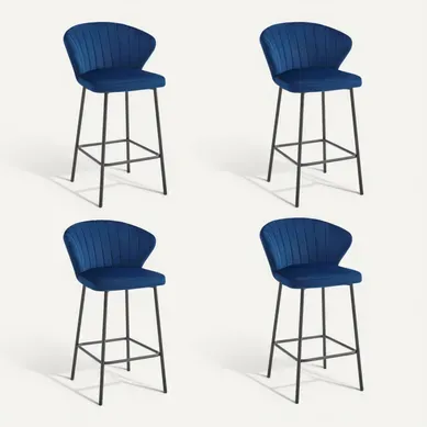 Tabouret De Bar Lot De 4 Gatta Siège Bleu Marine, Base Noire, Assise En Velours, Pieds En Acier