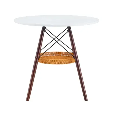 Table à Manger Ronde, Avec Une Structure De Rangement En Osier Suspendue, En Noyer Et Blanc