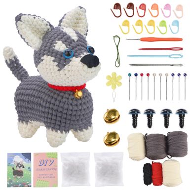 Kit De Crochet - Motif Husky Gris Et Blanc Avec Collier Rouge Et Clochette - Kit à Faire Soi-même Kit De Crochet - Motif Husky Gris Et Blanc Avec Collier Rouge Et Clochette - Kit à Faire Soi-même